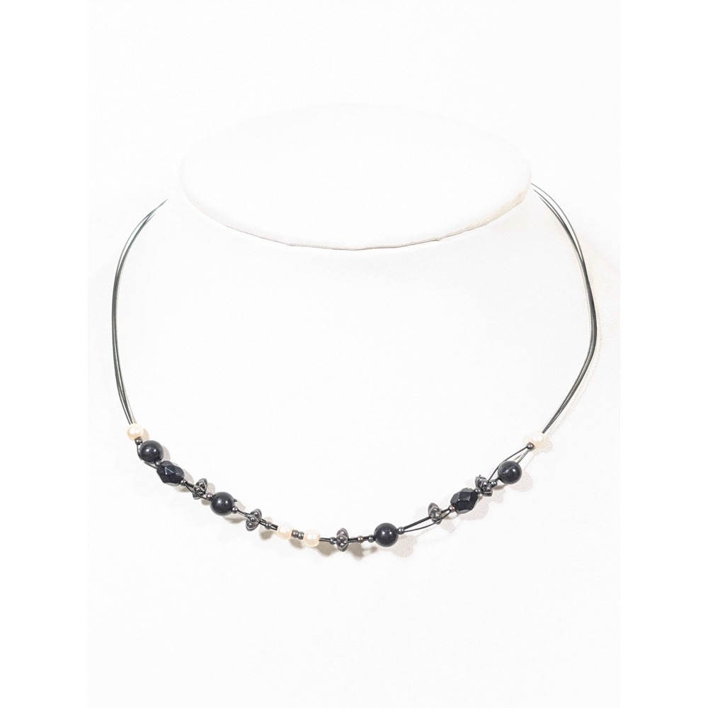 Boho Black‎ Beaded Wire Necklace Gothic Tribal Minimalist 18"